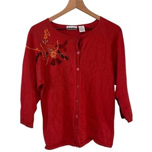 Vintage Button Front Cardigan Sweater 3/4  Sleeves Sunflower Embroidery